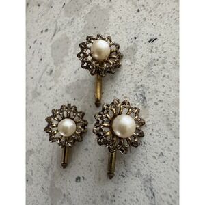 Vintage Tuxedo Studs Set Of 3 Gold Tone Filigree With Faux Pearl